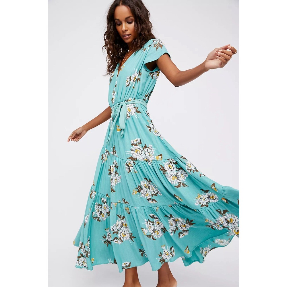 Free People Size 0 All I Got Floral Printed Maxi Dress Green Tiered Boho